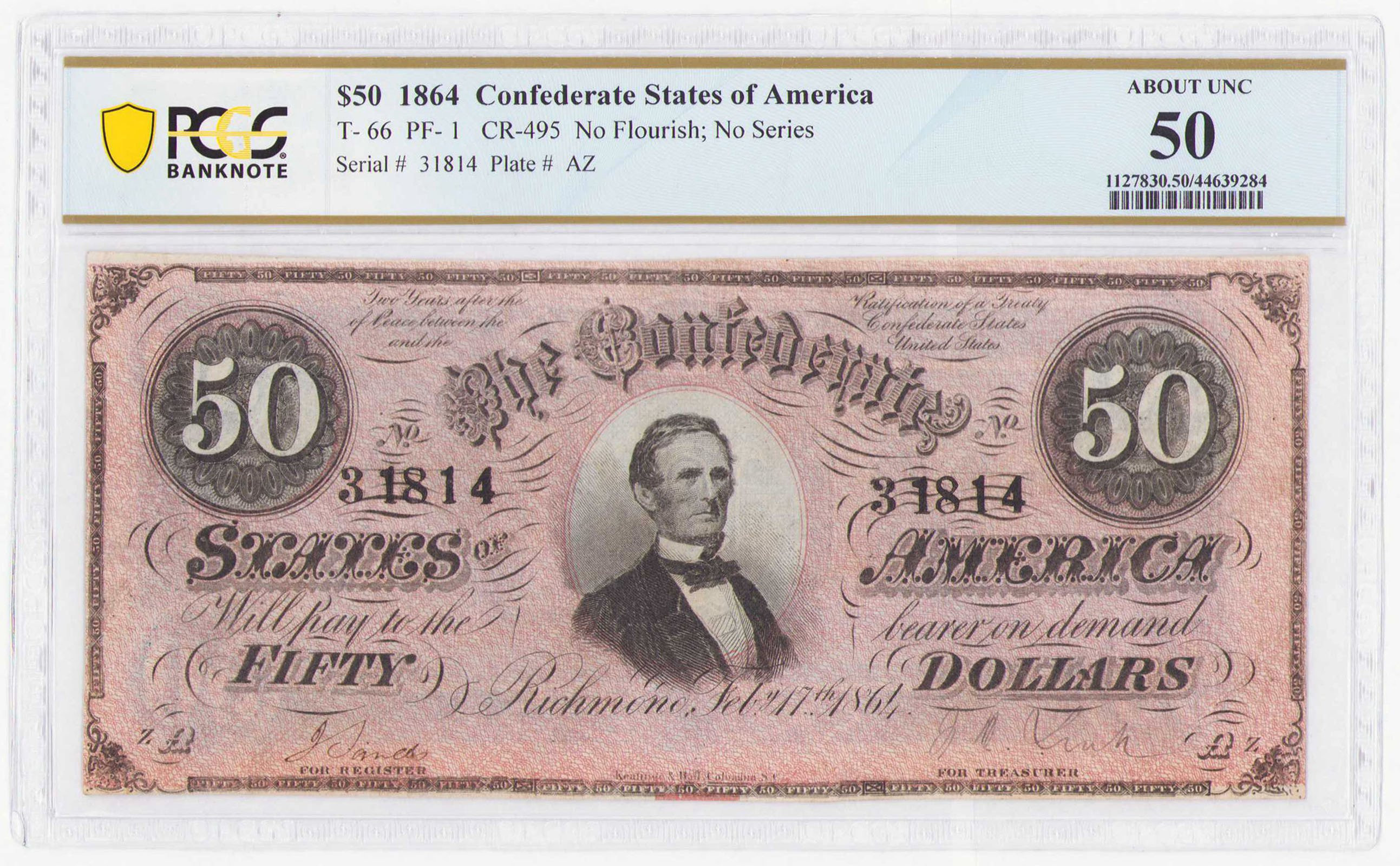 USA. Confederate States of America - Richmond. 50 dolarów 1864 seria A, PCGS 50 – RZADKI