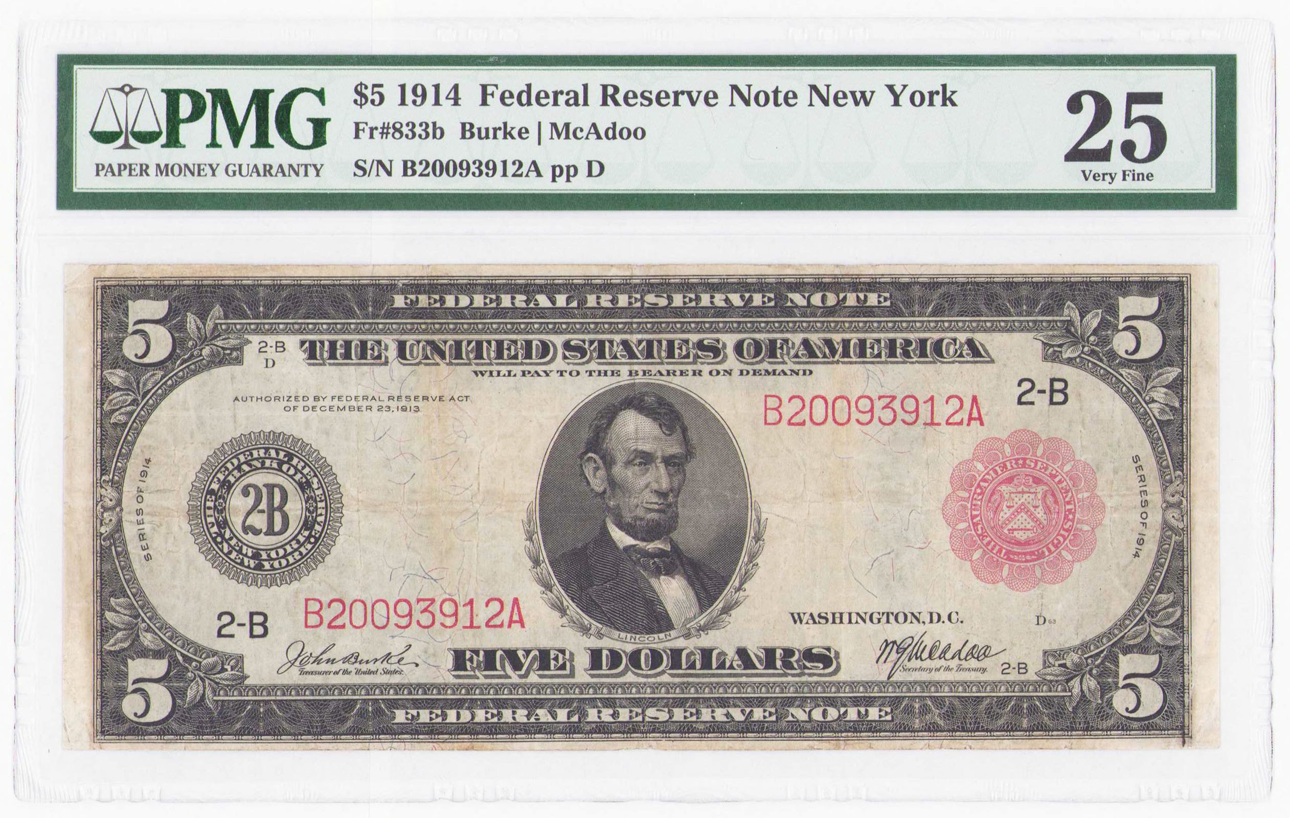 USA. Federal Reserve Note - New York. 5 dolarów 1914, seria BA - czerwona pieczęć, PMG 25 - RZADKOŚĆ