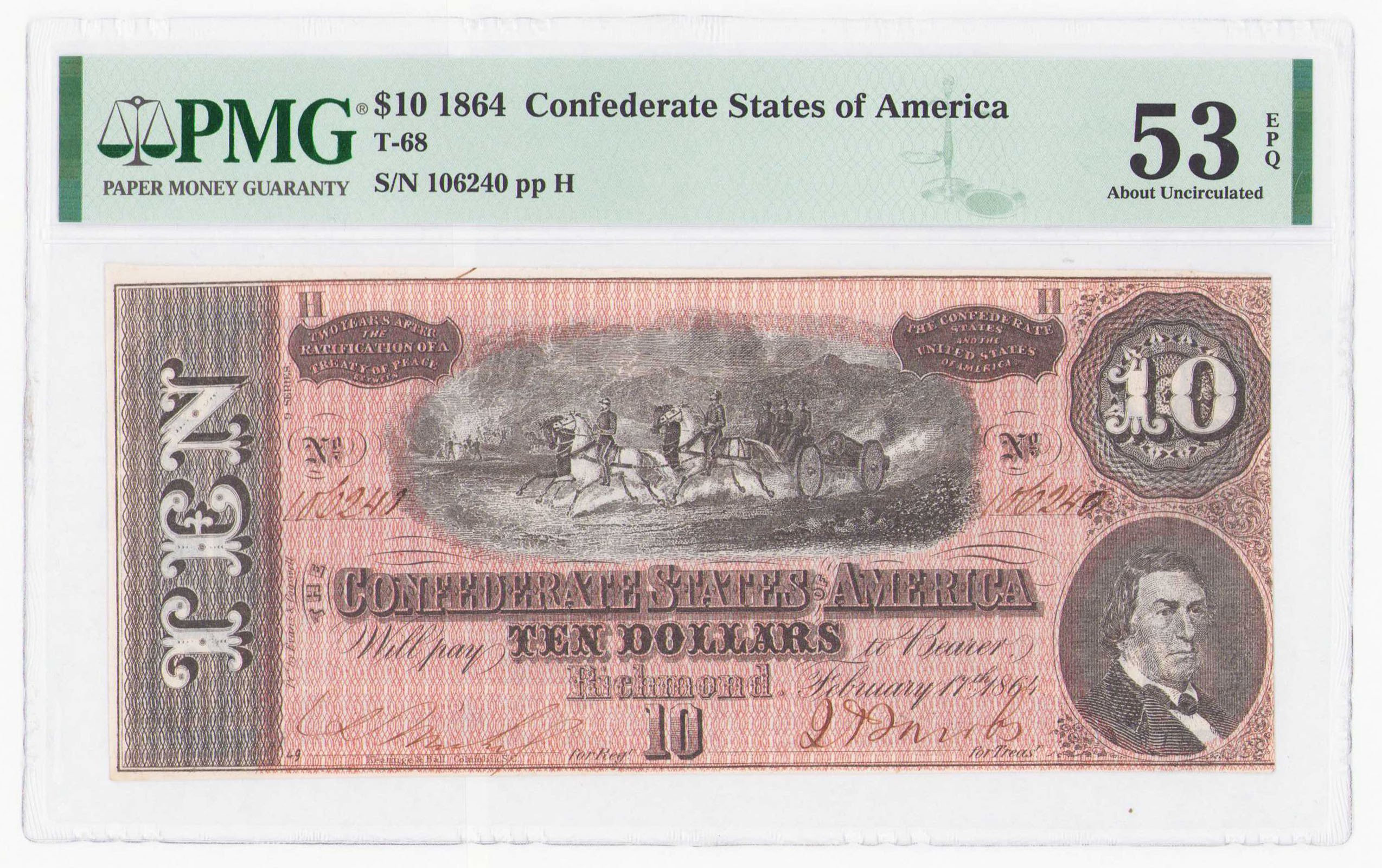 USA. Confederate States of America - Richmond. 10 dolarów 1864 seria H, PMG 53 EPQ