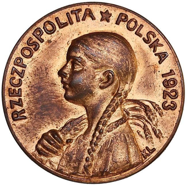 II RP. 50 marek 1923, kobieta z kłosami, PRÓBA, brąz