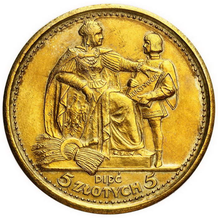 II RP 5 złotych 1925, Konstytucja, PRÓBA, mosiądz z kolekcji W. Głuchowskiego