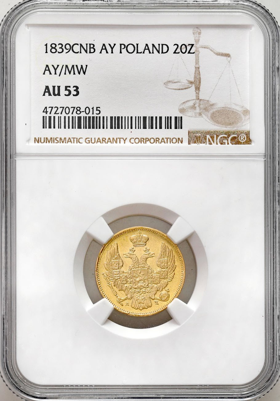 Polska XIX w. / Rosja. 3 ruble = 20 złotych 1839 przebitka z MW na ПД, NGC AU53 (2 MAX)