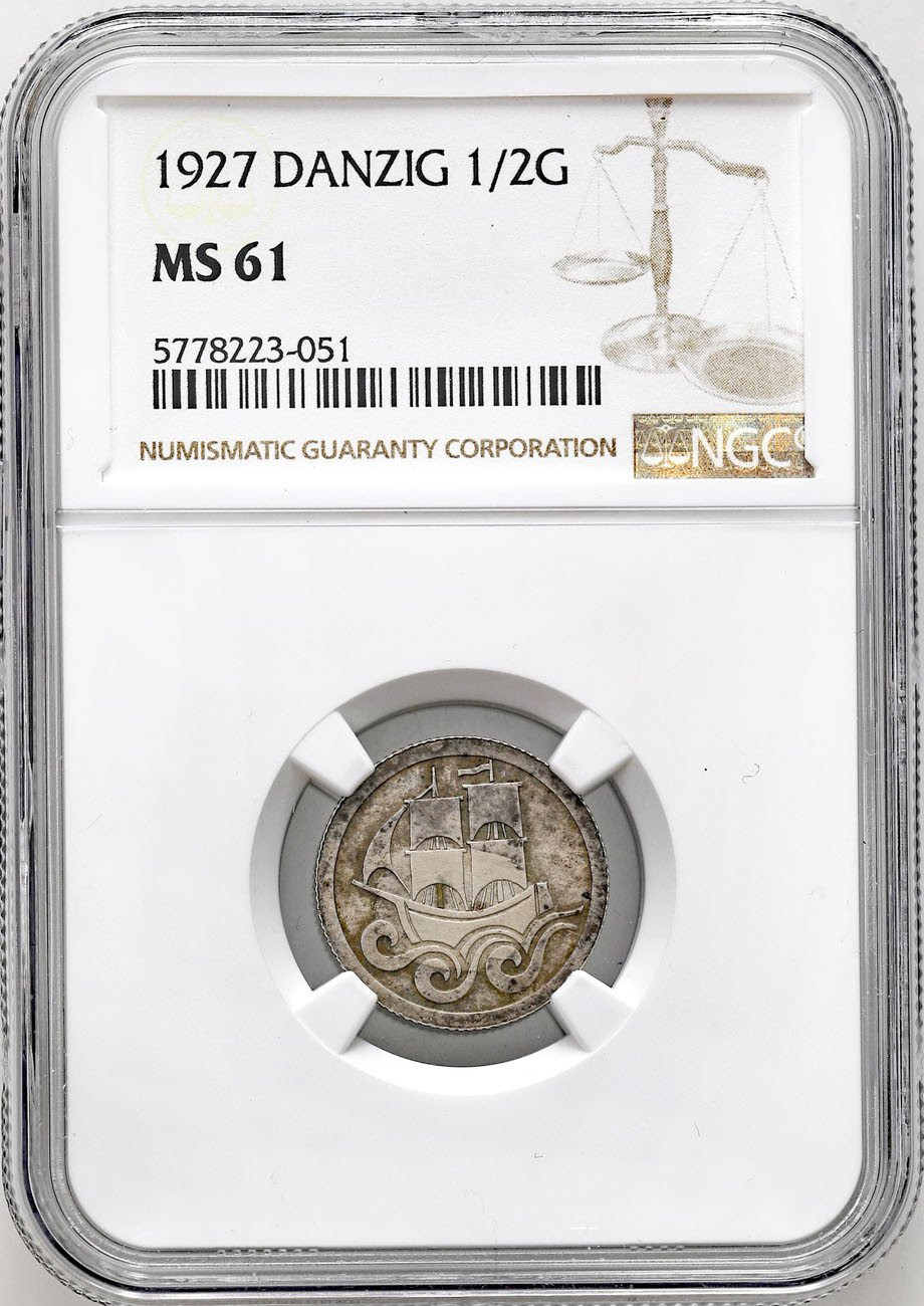 Wolne Miasto Gdańsk/Danzig. 1/2 Guldena 1927 - RZADKI ROCZNIK NGC MS61 - PIĘKNE