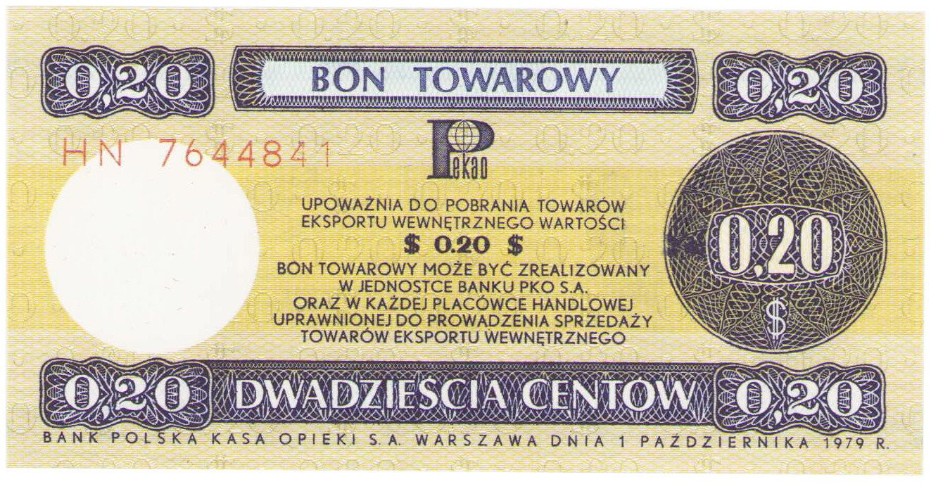 Bon Towarowy. Bank PeKaO, 20 centów 1979 seria HN