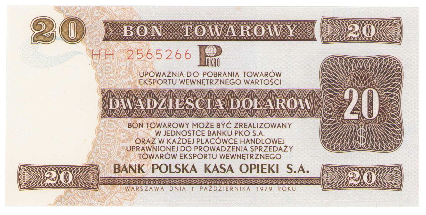Bon towarowy PeKaO. 20 dolarów 1979, seria HH
