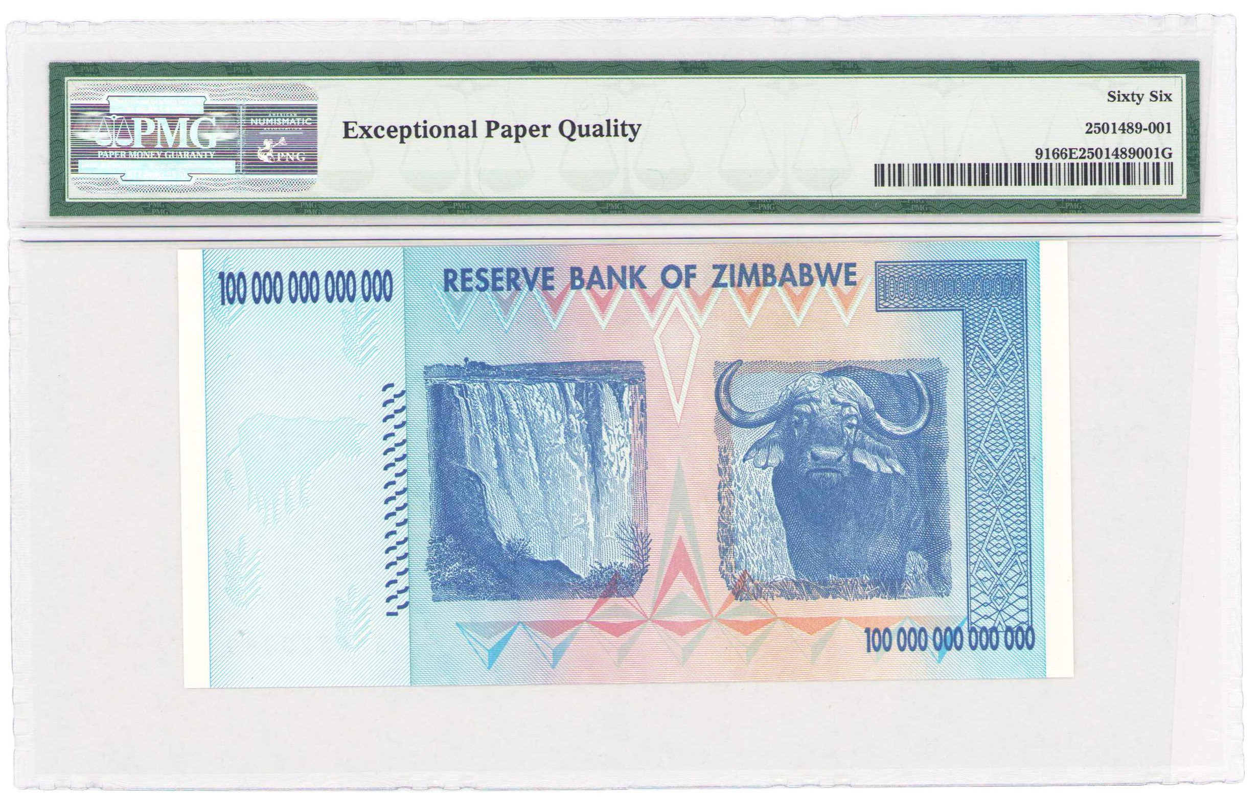 Zimbabwe, banknot 100 trylionów 2008 seria AA. PMG 66 EPQ