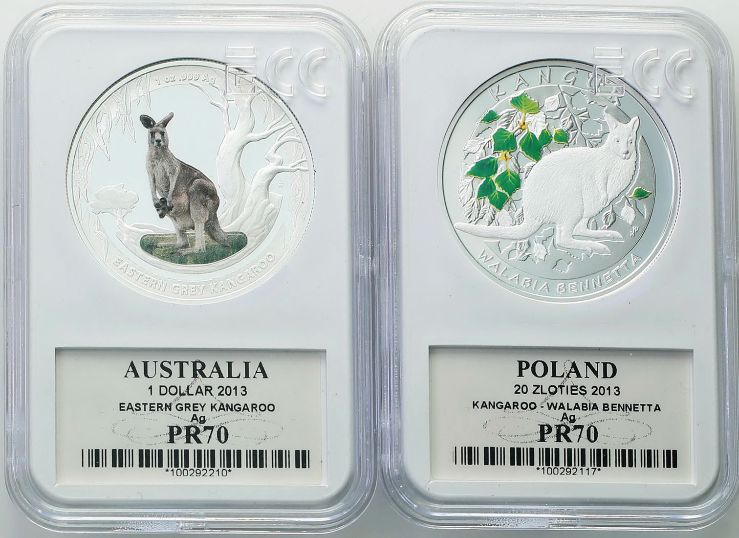 Polska/Australia. Zestaw Kangury Świata 1 dolar GCN PR70 + 20 złotych 2013 srebro GCN PR70