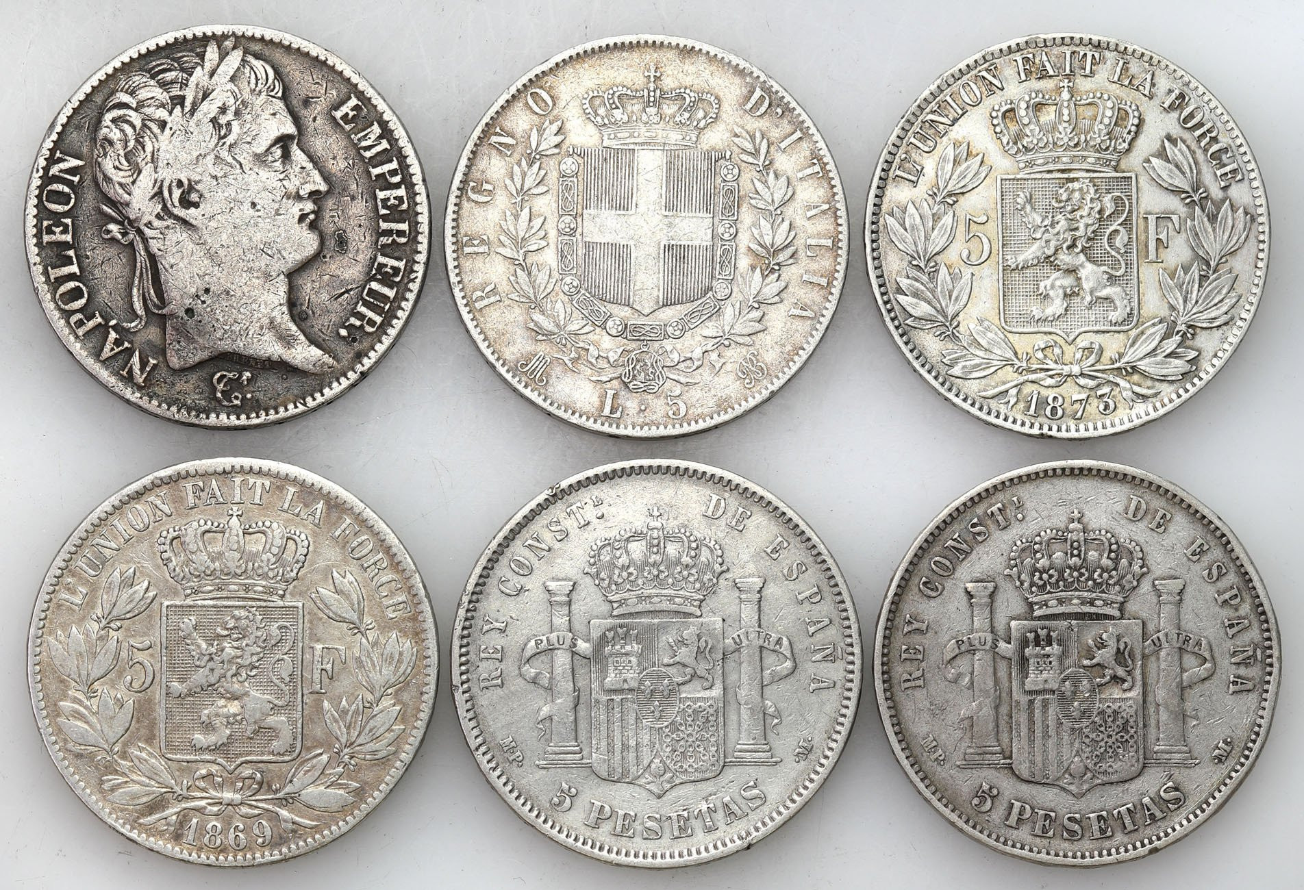 Francja, Hiszpania. 5 pesetas 1888, 1889, 5 franków 1809, 1869, 1873, 1874, zestaw 6 monet