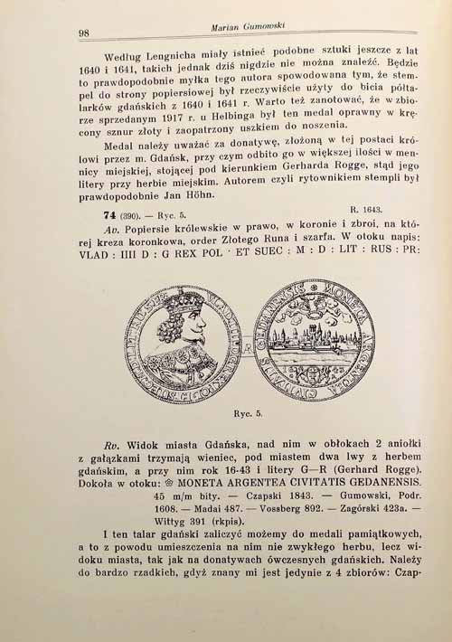 Literatura. Marian Gumowski: „Medale Władysława IV”, Kraków 1939 r.