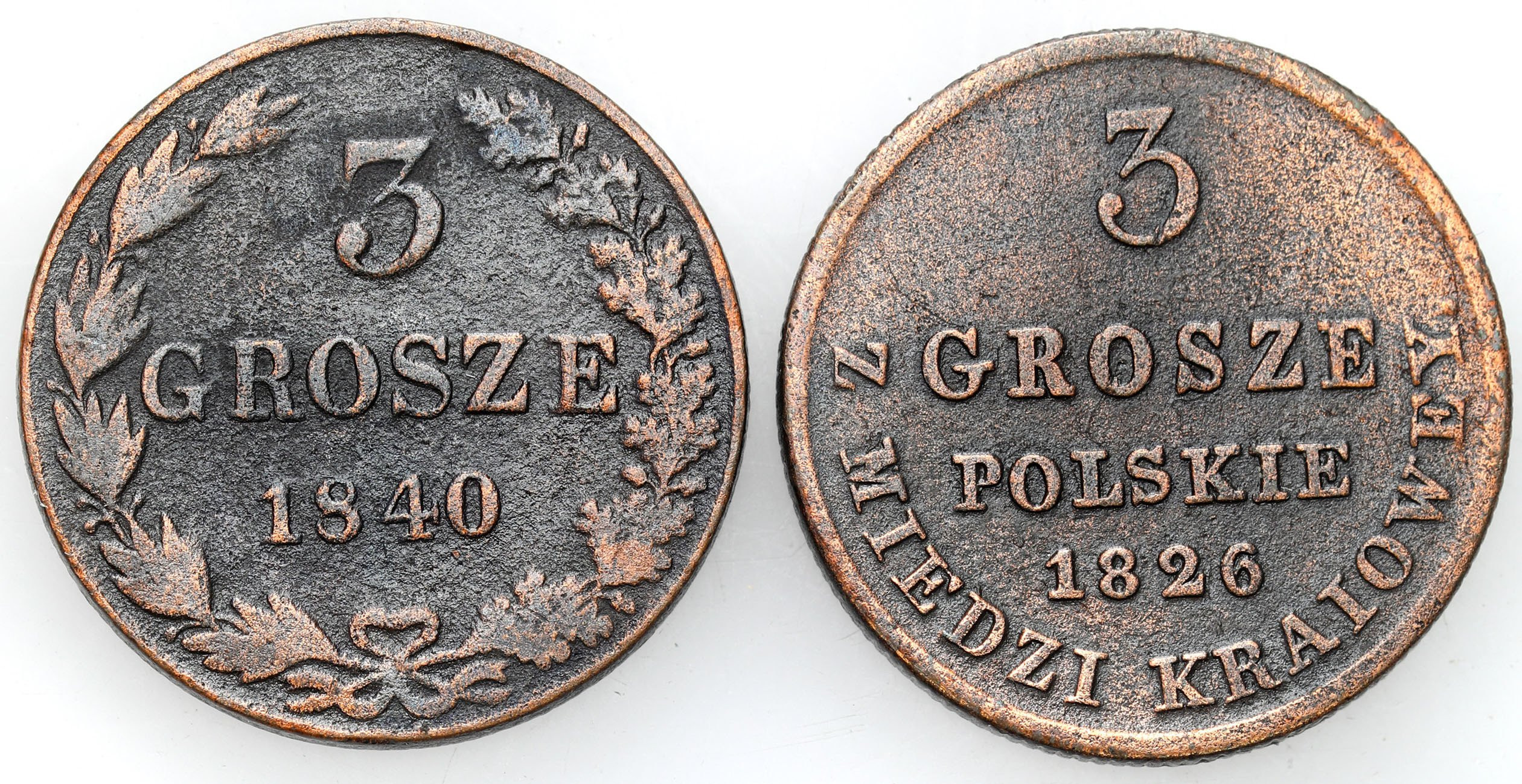 Polska XIX w./Rosja, Mikołaj I. 3 Grosze Polskie (trojak) 1826, 1840, Warszawa, zestaw 2 monet