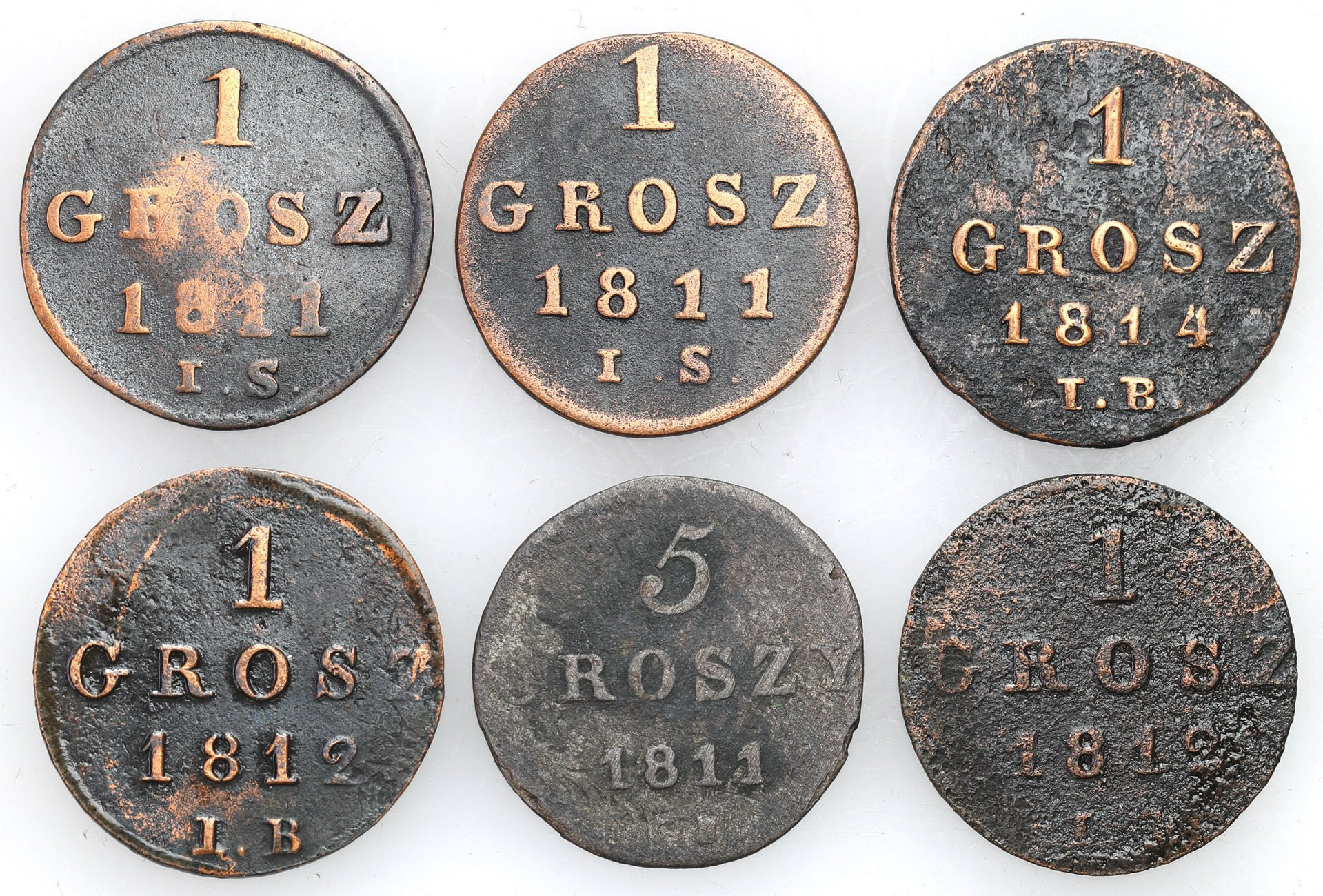 Księstwo Warszawskie. 1 grosz 1811-1814 i 5 groszy 1811, Warszawa, zestaw 6 monet 