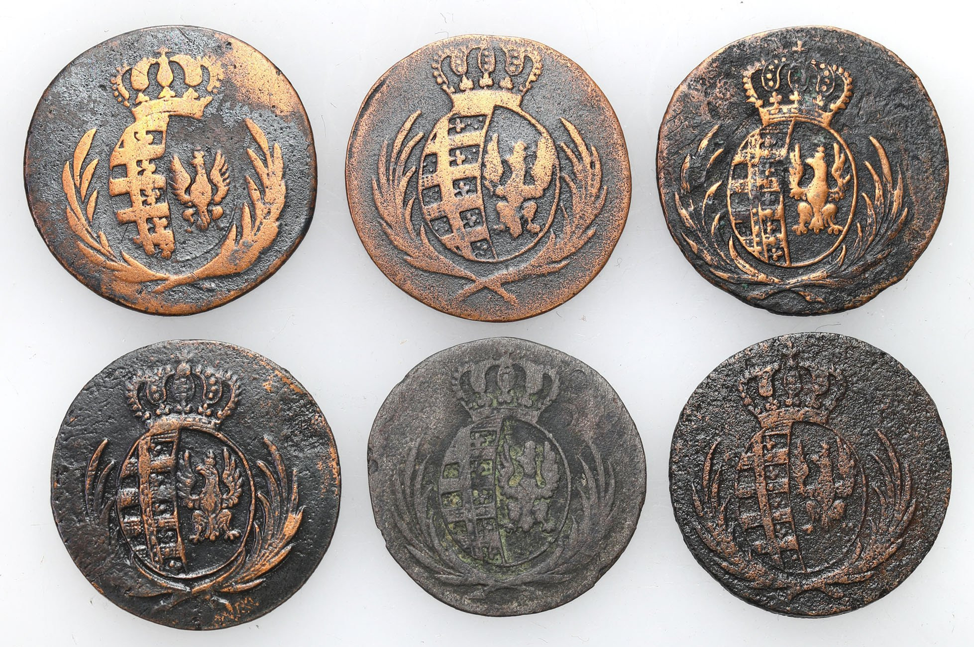 Księstwo Warszawskie. 1 grosz 1811-1814 i 5 groszy 1811, Warszawa, zestaw 6 monet 