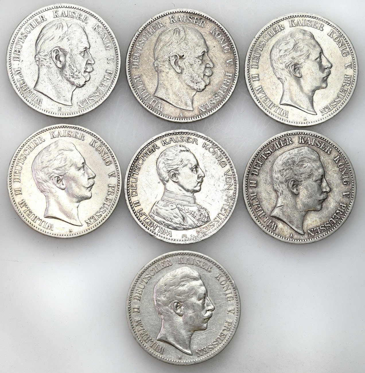 Niemcy, Prusy. 5 marek 1874-1914, zestaw 7 monet