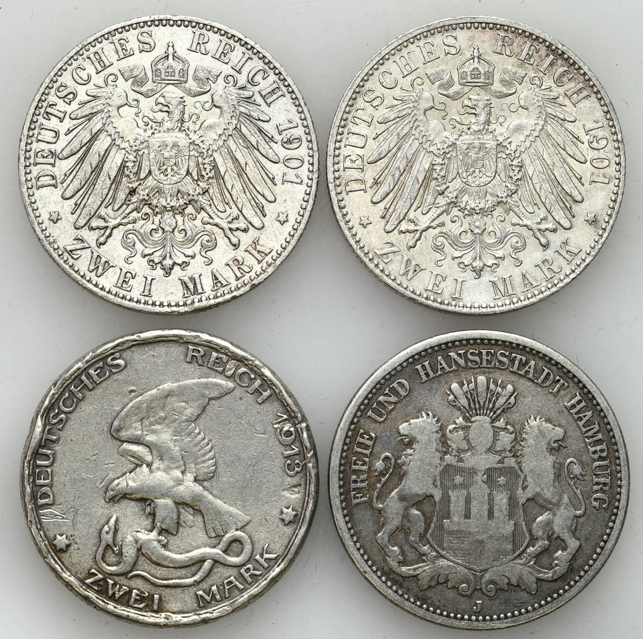 Niemcy, Prusy, Hamburg. 2 marki 1876-1913, zestaw 4 monet