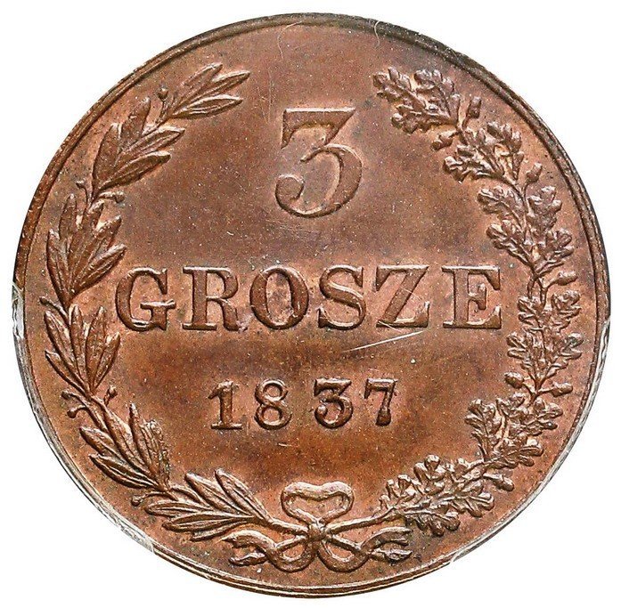 Polska XIX wiek / Rosja. 3 grosze 1837, Warszawa, PCGS MS 64BN