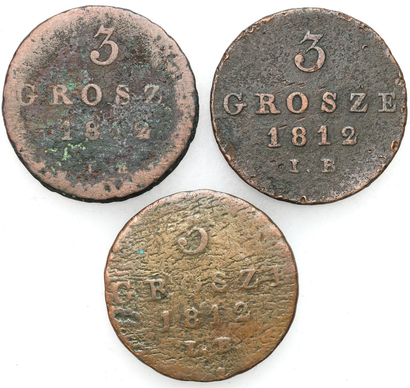Księstwo Warszawskie. Trojak (3 grosze) 1812 IB, Warszawa, zestaw 3 monet