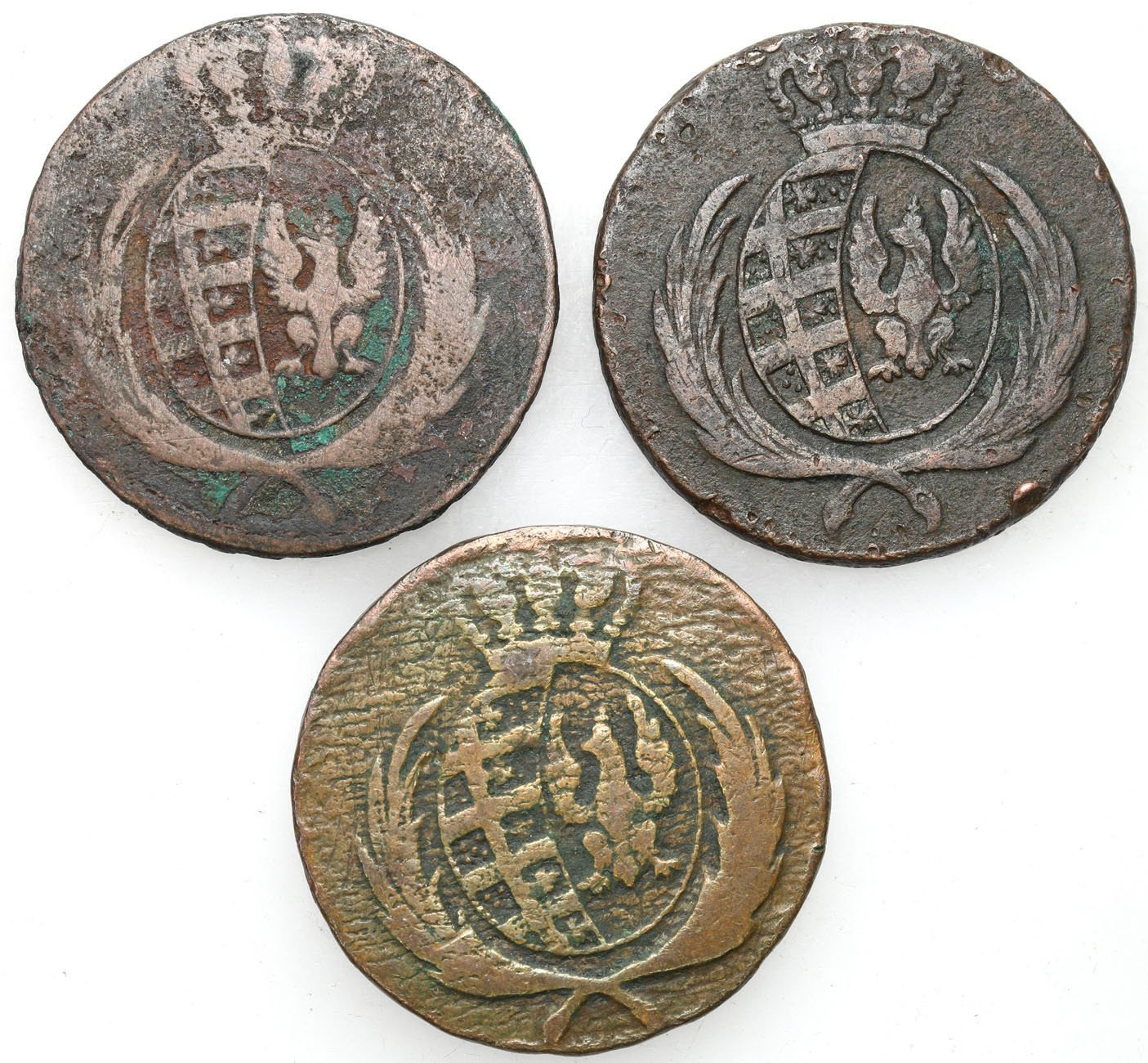 Księstwo Warszawskie. Trojak (3 grosze) 1812 IB, Warszawa, zestaw 3 monet
