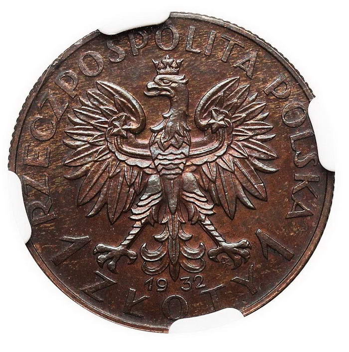 II RP 1 złoty 1932, głowa kobiety, PRÓBA, brąz, NGC MS65 BN