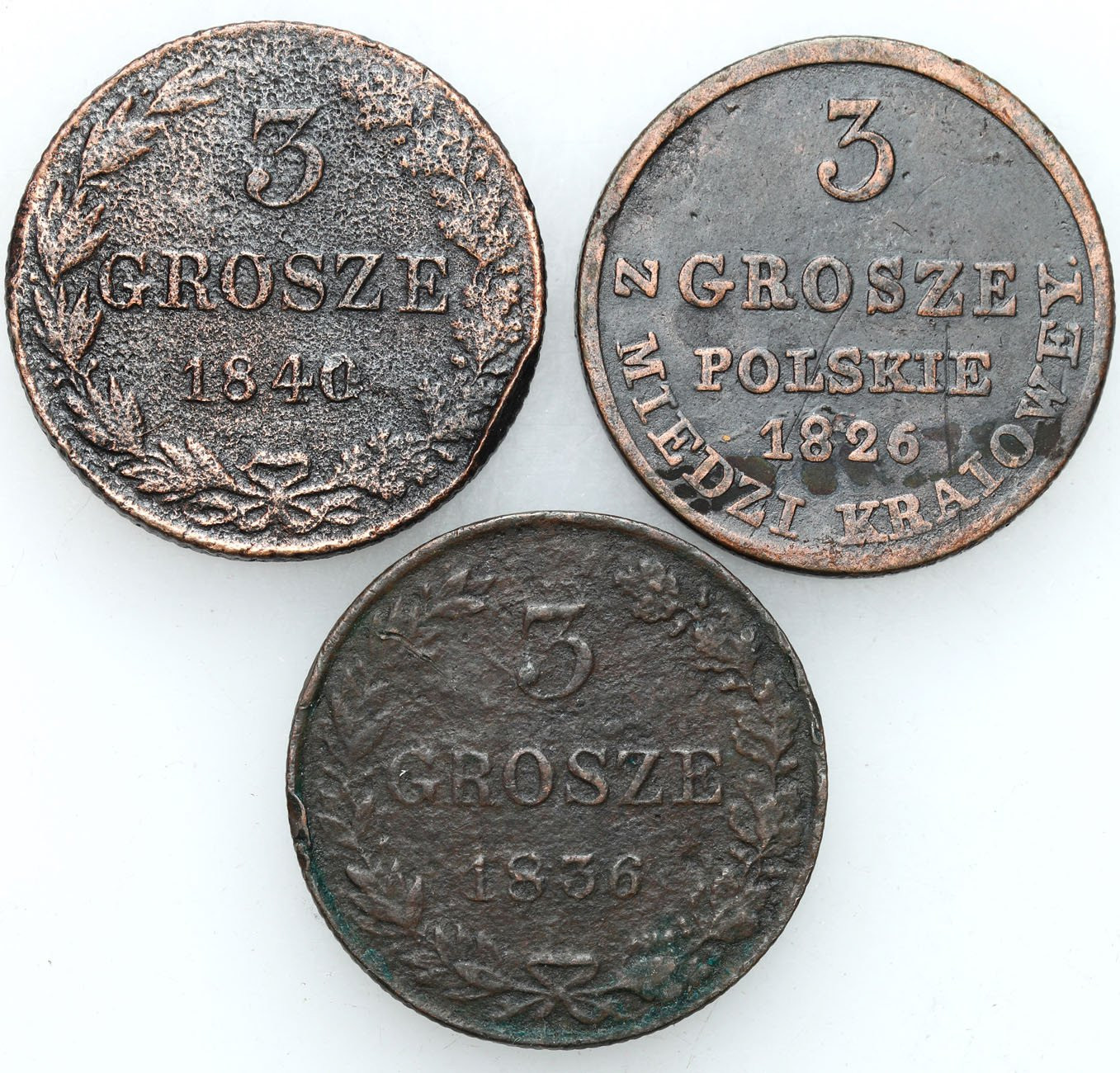 Polska XIX w./Rosja, Mikołaj I. 3 Grosze Polskie (trojak) 1826, 1836, 1840, Warszawa, zestaw 3 monet