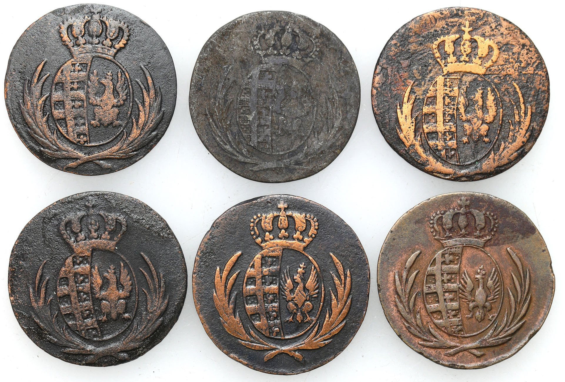 Księstwo Warszawskie. 1 grosz 1811-1814 i 5 groszy 1811, Warszawa, zestaw 6 monet 