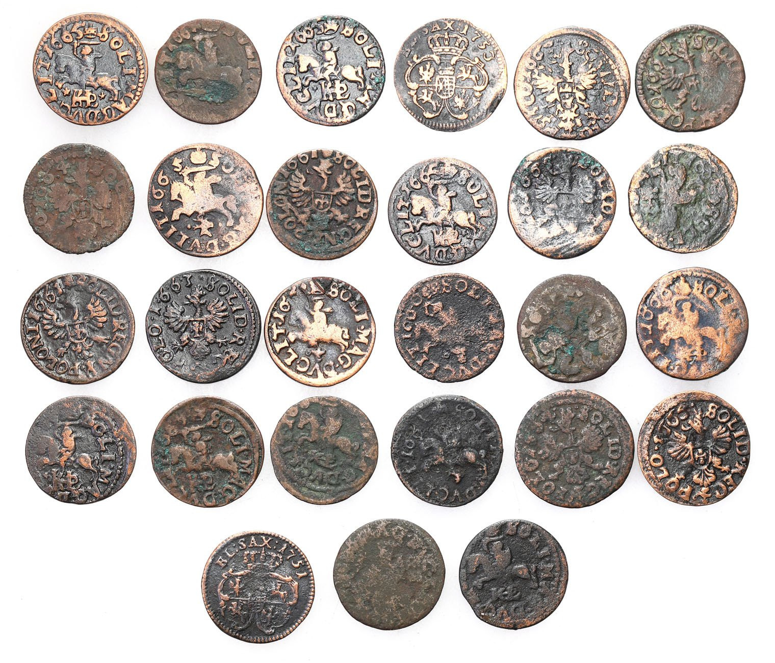 Jan II Kazimierz - boratynka (szeląg) i August III - szeląg 1751 i 1753, zestaw 27 monet