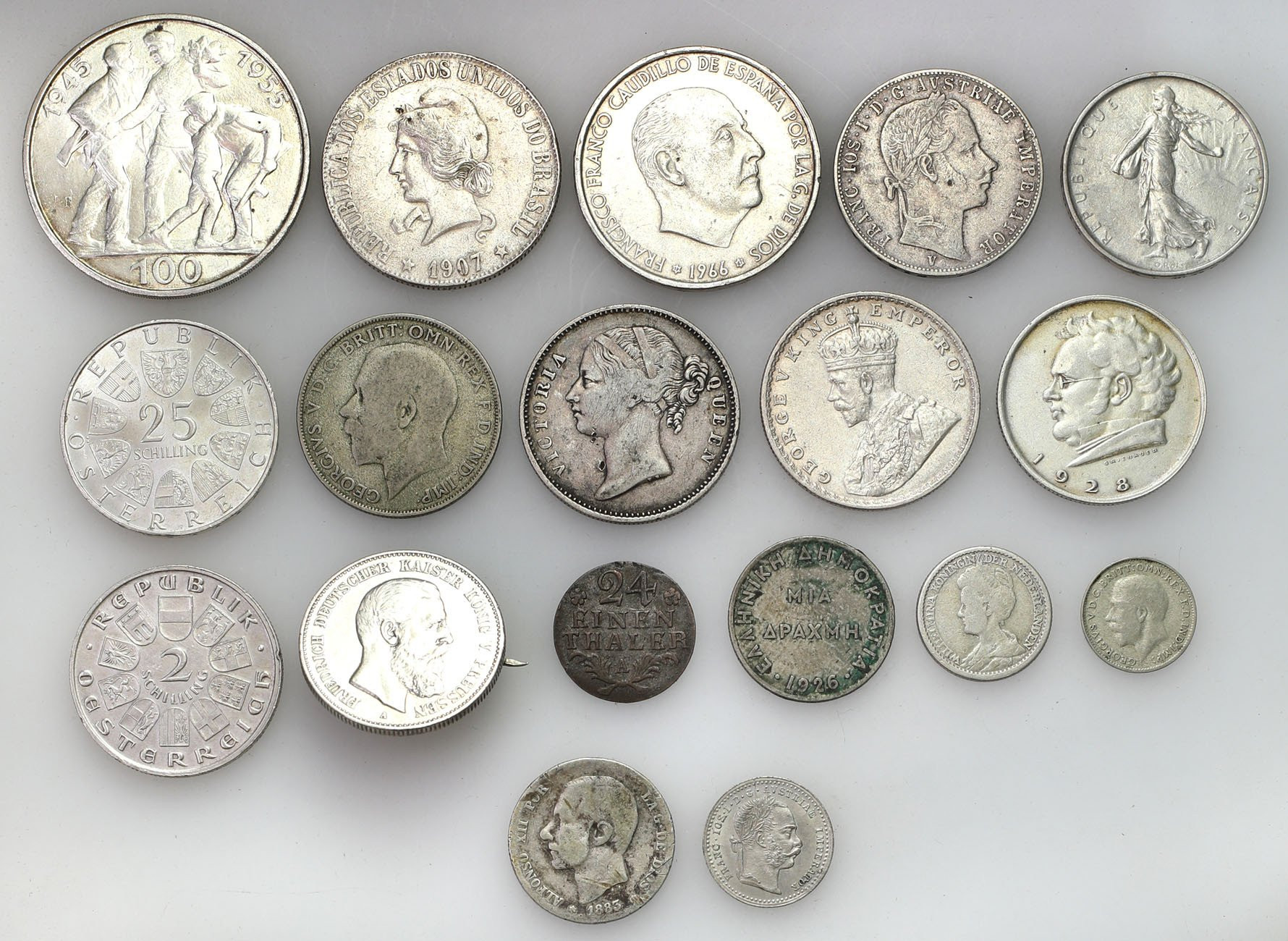 Świat – Czechosłowacja, Francja, Hiszpania, Wielka Brytania, Austria, Niderlandy, Niemcy, Brazylia, zestaw 18 monet