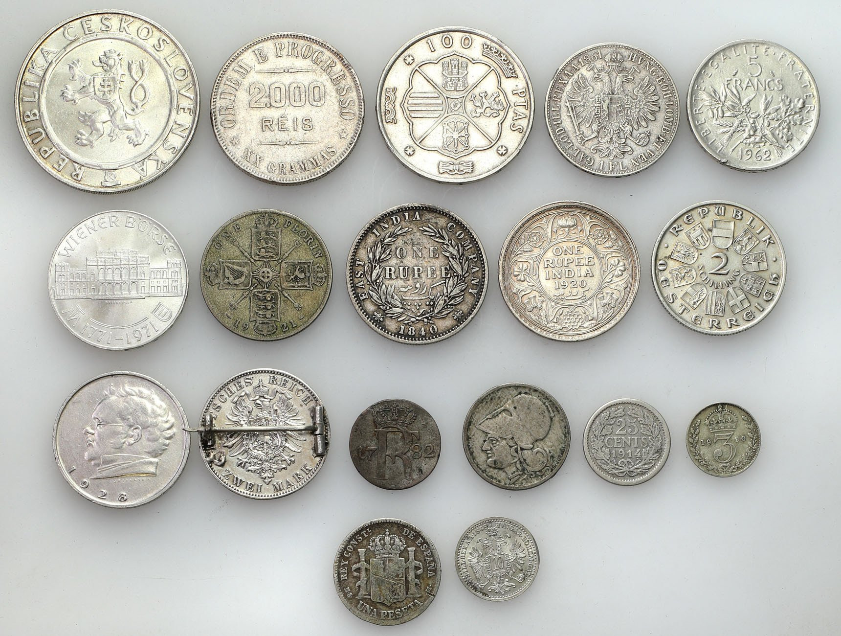 Świat – Czechosłowacja, Francja, Hiszpania, Wielka Brytania, Austria, Niderlandy, Niemcy, Brazylia, zestaw 18 monet