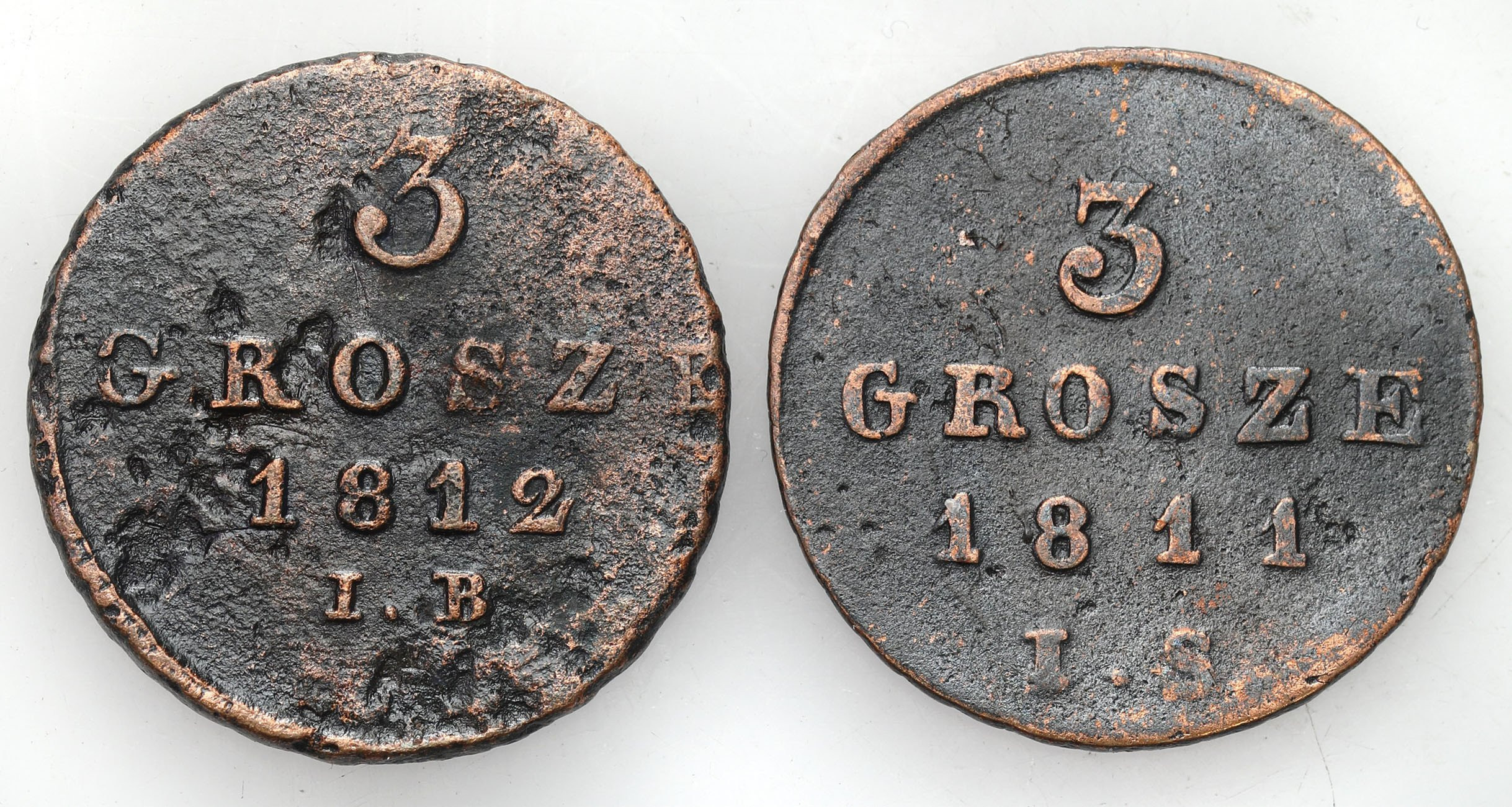 Księstwo Warszawskie. Trojak (3 grosze) 1811 IS i 1812 IB, Warszawa, zestaw 3 monet