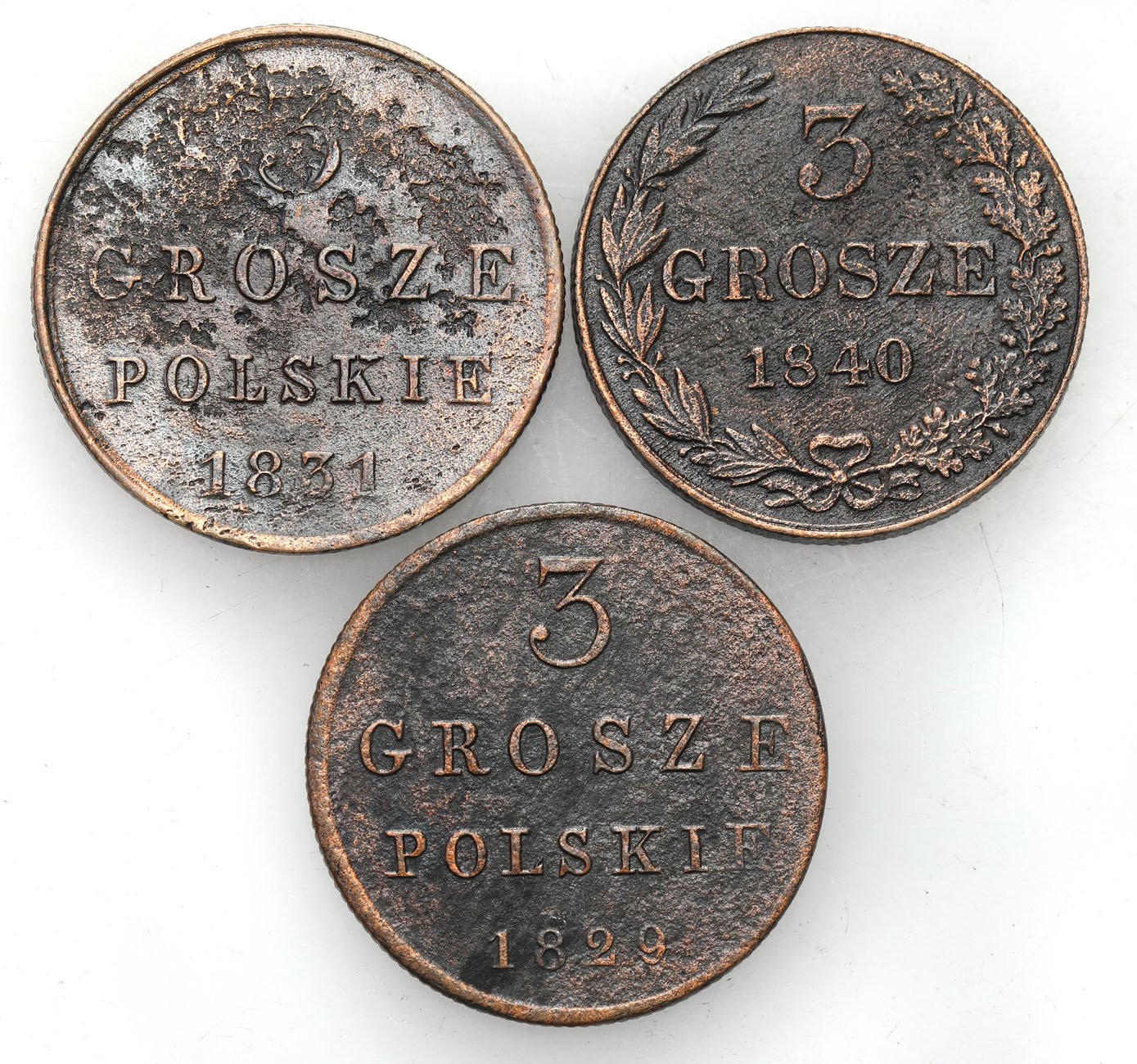 Polska XIX w./Rosja. Mikołaj I. 3 grosze (trojak) 1829, 1831, 1840, Warszawa, zestaw 3 monet