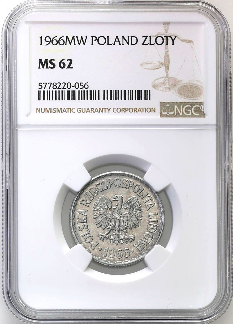 PRL. 1 złoty 1966 Aluminium NGC MS62 - RZADKIE