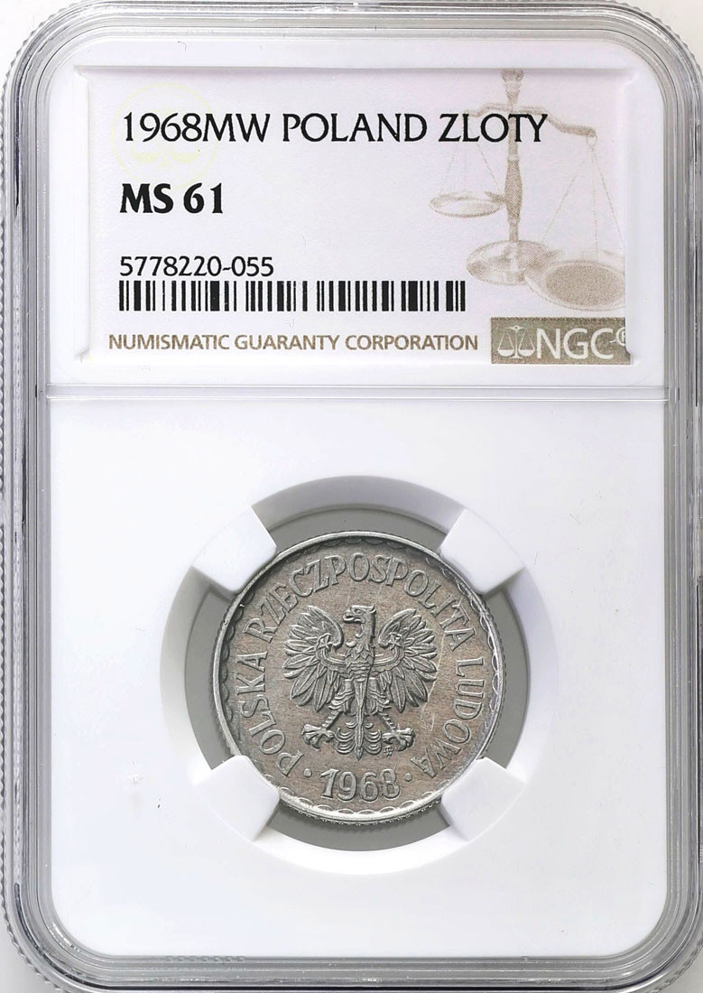 PRL. 1 złoty 1968 Aluminium NGC MS61 - RZADSZY ROCZNIK