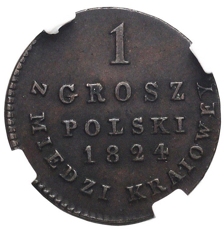 Królestwo Polskie. Aleksander I, 1 grosz polski 1824, Warszawa, NGC AU58BN, oryginalne bicie 