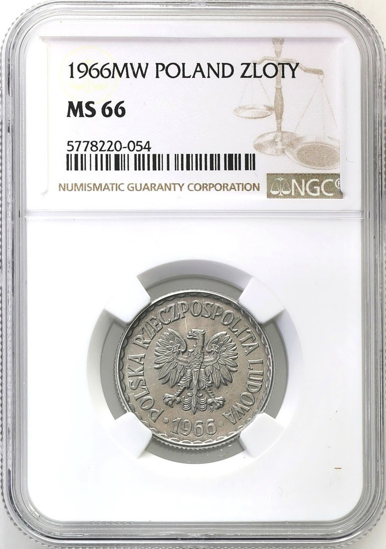 PRL. 1 złoty 1966 Aluminium NGC MS66 - RZADKIE