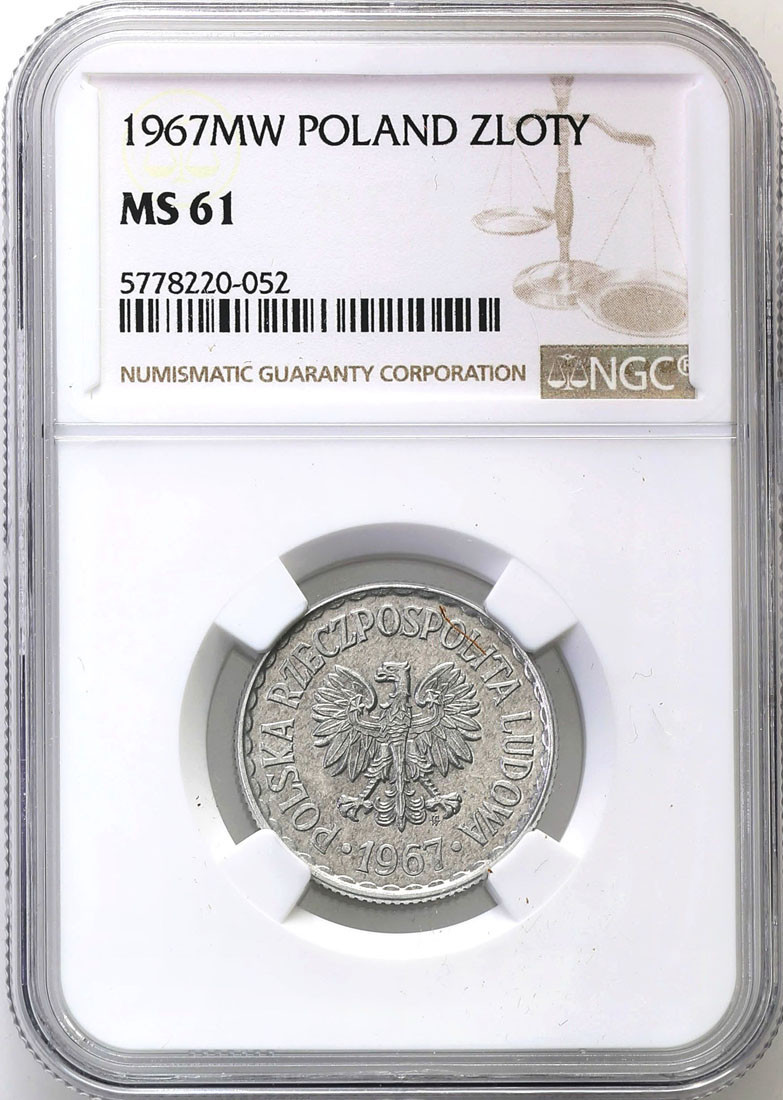 PRL. 1 złoty 1967 aluminium NGC MS61 - RZADSZY ROCZNIK