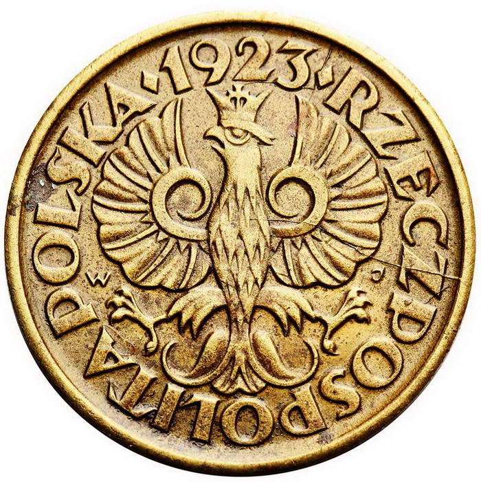 II RP. 5 groszy 1923, PRÓBA, mosiądz z kolekcji W. Głuchowskiego