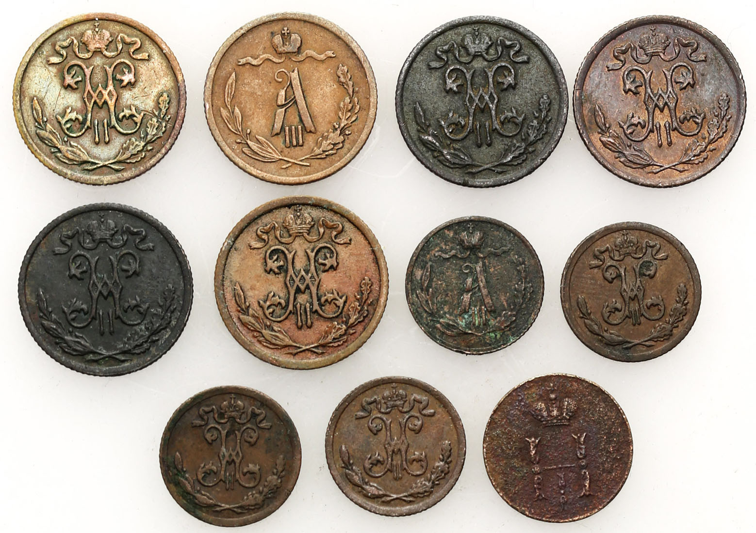 Rosja. 1/4 kopieki, 1/2 kopiejki, połuszka 1852 - 1909, zestaw 11 monet