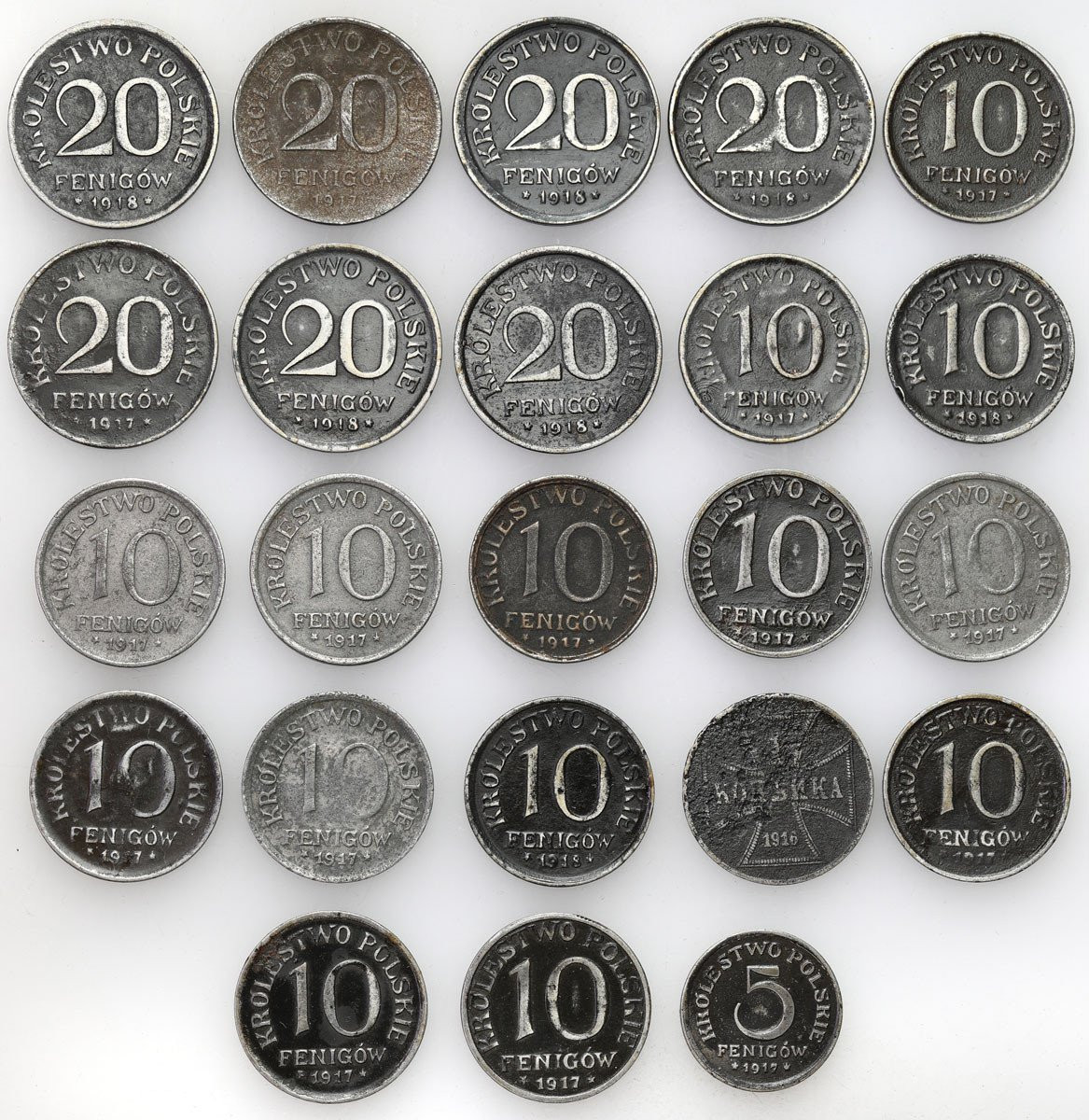 Królestwo Polskie. 1, 5, 10, 20 fenigów 1917-1918, zestaw 23 monet