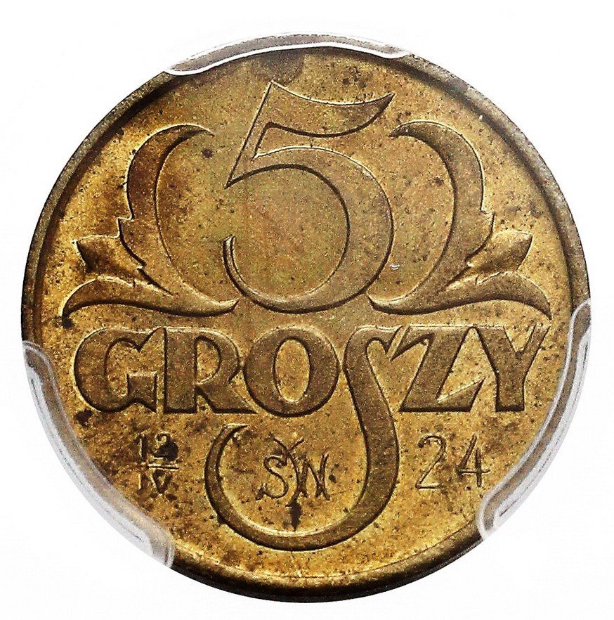 II RP. 5 groszy 1923, PRÓBA, PCGS SP63, mosiądz