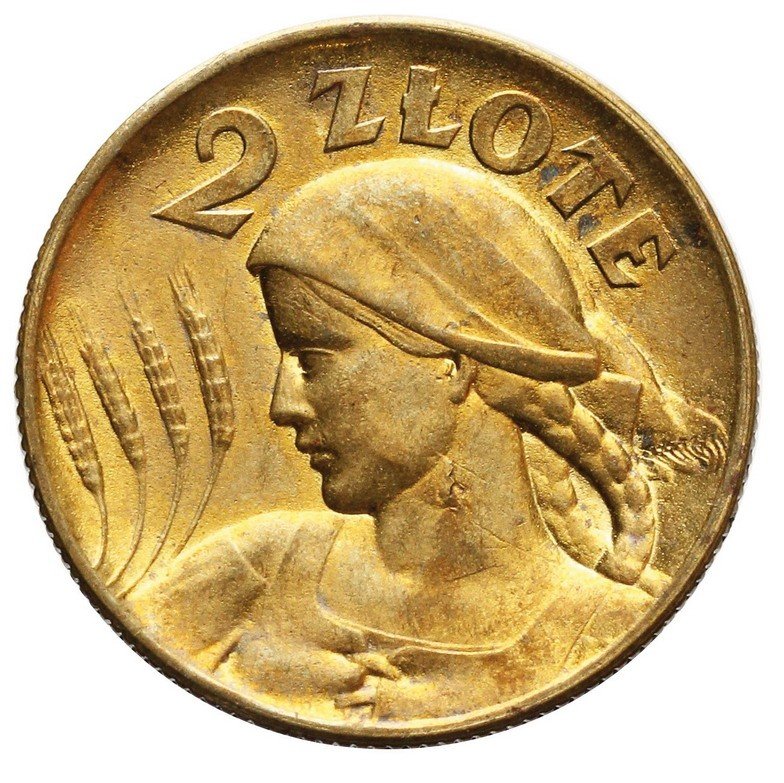 II RP. 2 złote 1924, głowa kobiety z kłosami, PRÓBA, mosiądz 