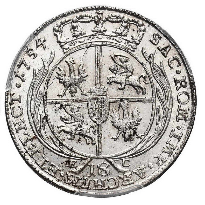 August III Sas. Ort, 18 groszy 1754 EC, Lipsk