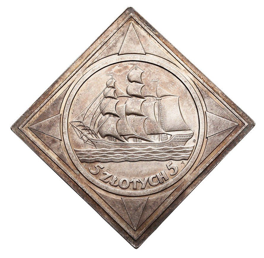 II RP. 5 złotych 1936, żaglowiec, klipa, PRÓBA, srebro