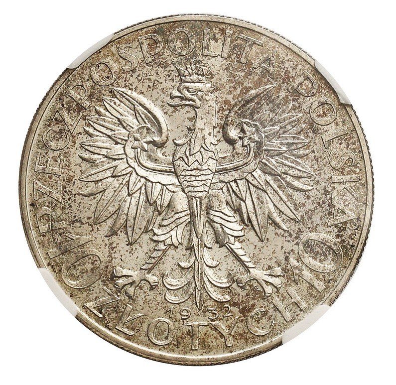 II RP. 10 złotych 1932, głowa kobiety, PRÓBA, srebro, NGC MS62