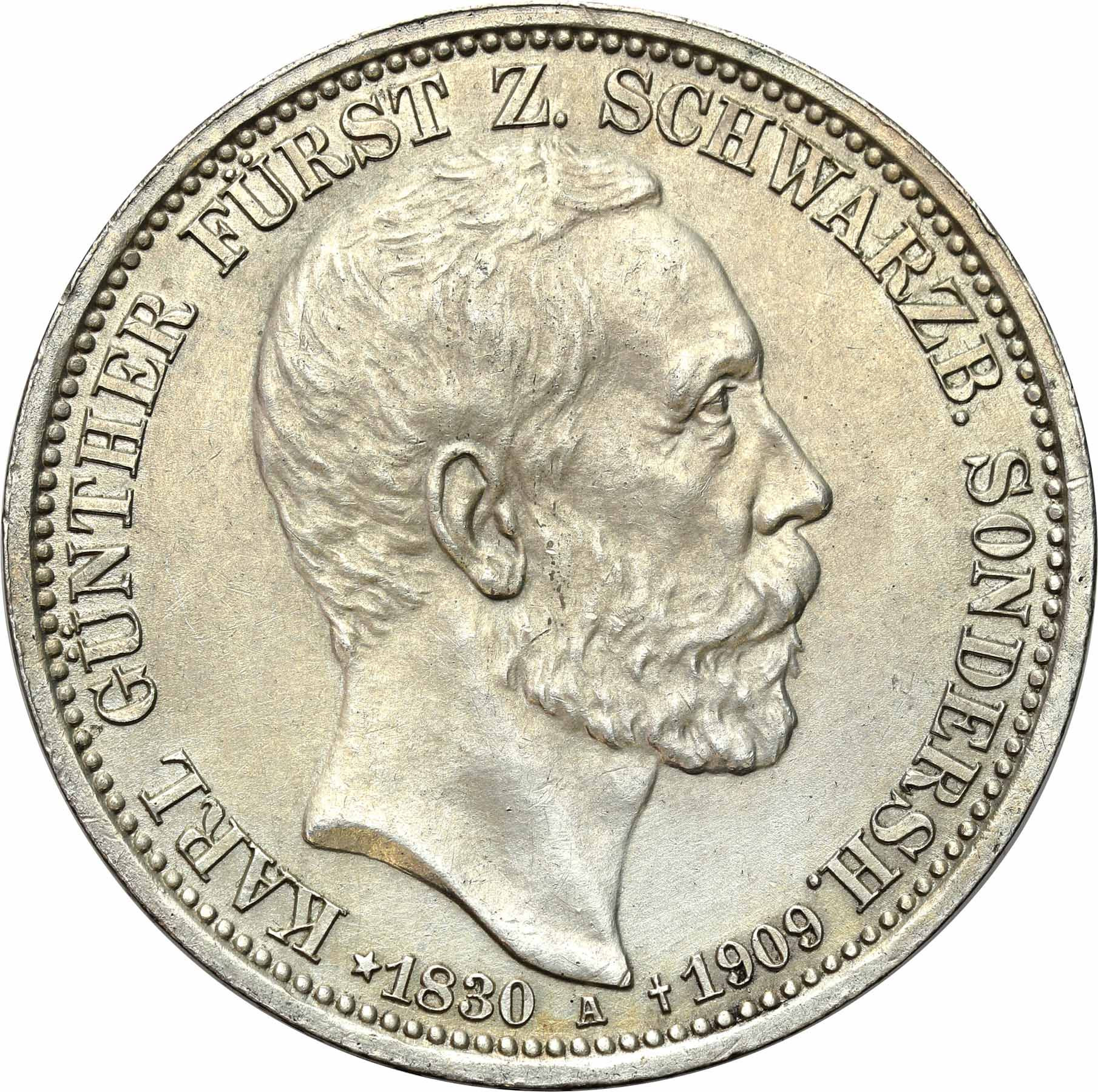 Niemcy, Schwarzburg-Sondershausen. 3 marki pośmiertne 1909 A, Berlin – RZADSZE