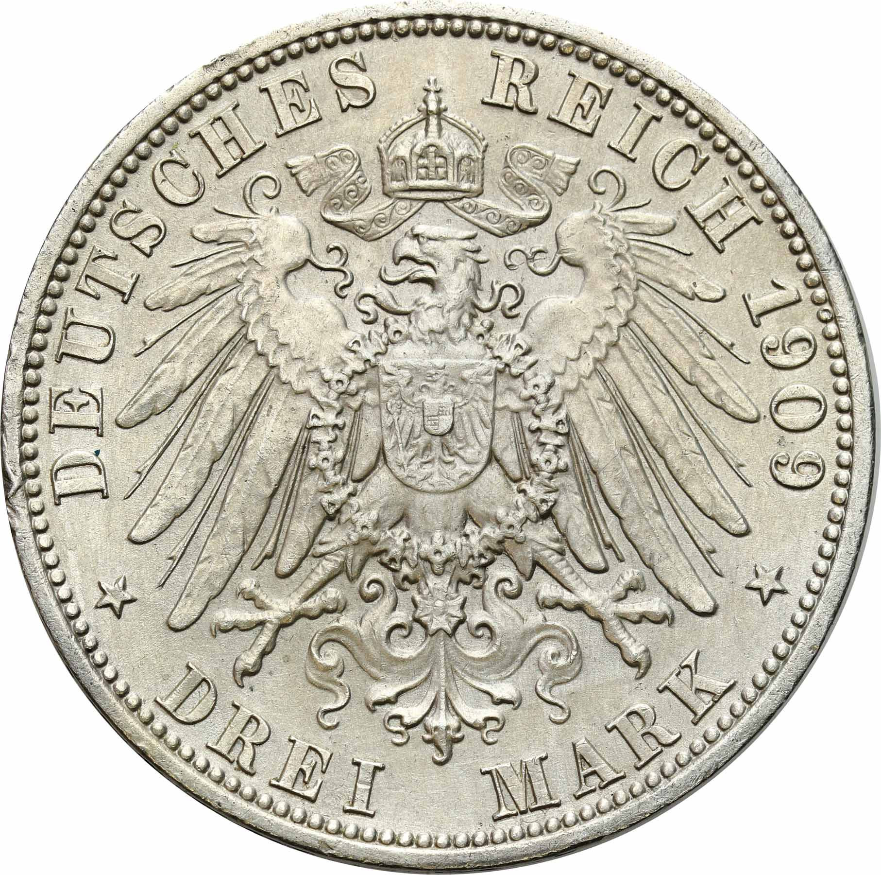 Niemcy, Schwarzburg-Sondershausen. 3 marki pośmiertne 1909 A, Berlin – RZADSZE