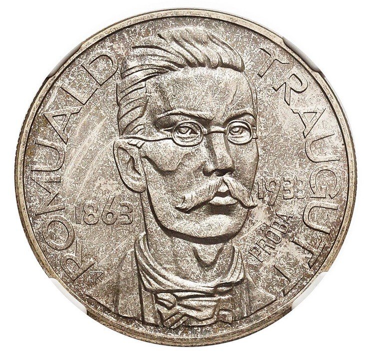 II RP. 10 złotych 1933, Romuald Traugutt, PRÓBA, NGC MS63, srebro
