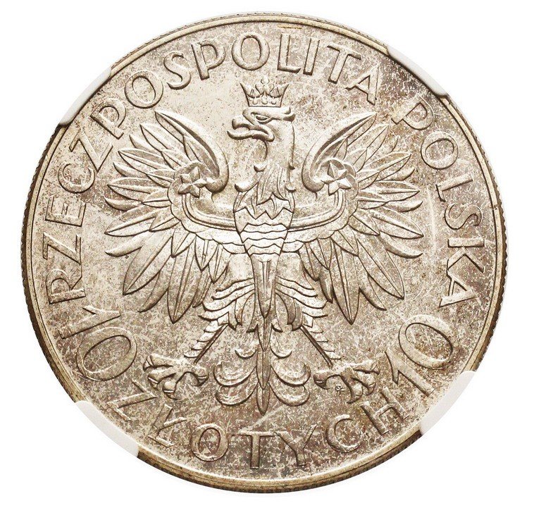 II RP. 10 złotych 1933, Romuald Traugutt, PRÓBA, NGC MS63, srebro