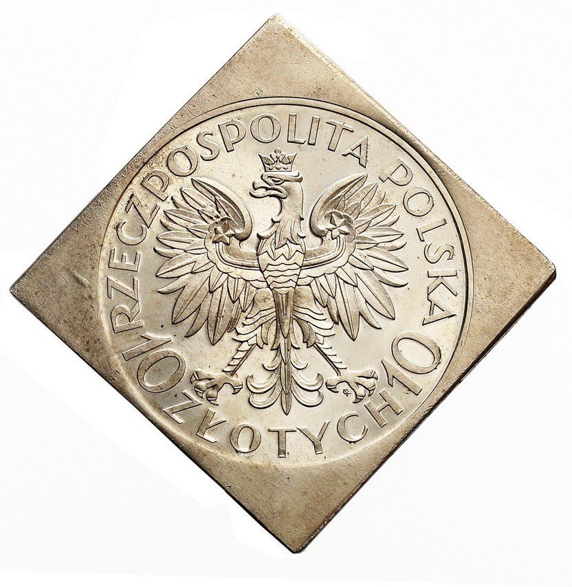II RP. 10 złotych 1933, Romuald Traugutt, PRÓBA, klipa, stempel lustrzany, srebro