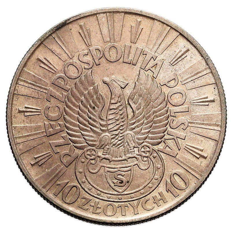 II RP. 10 złotych 1934, Piłsudski, PRÓBA,  orzeł strzelecki, srebro