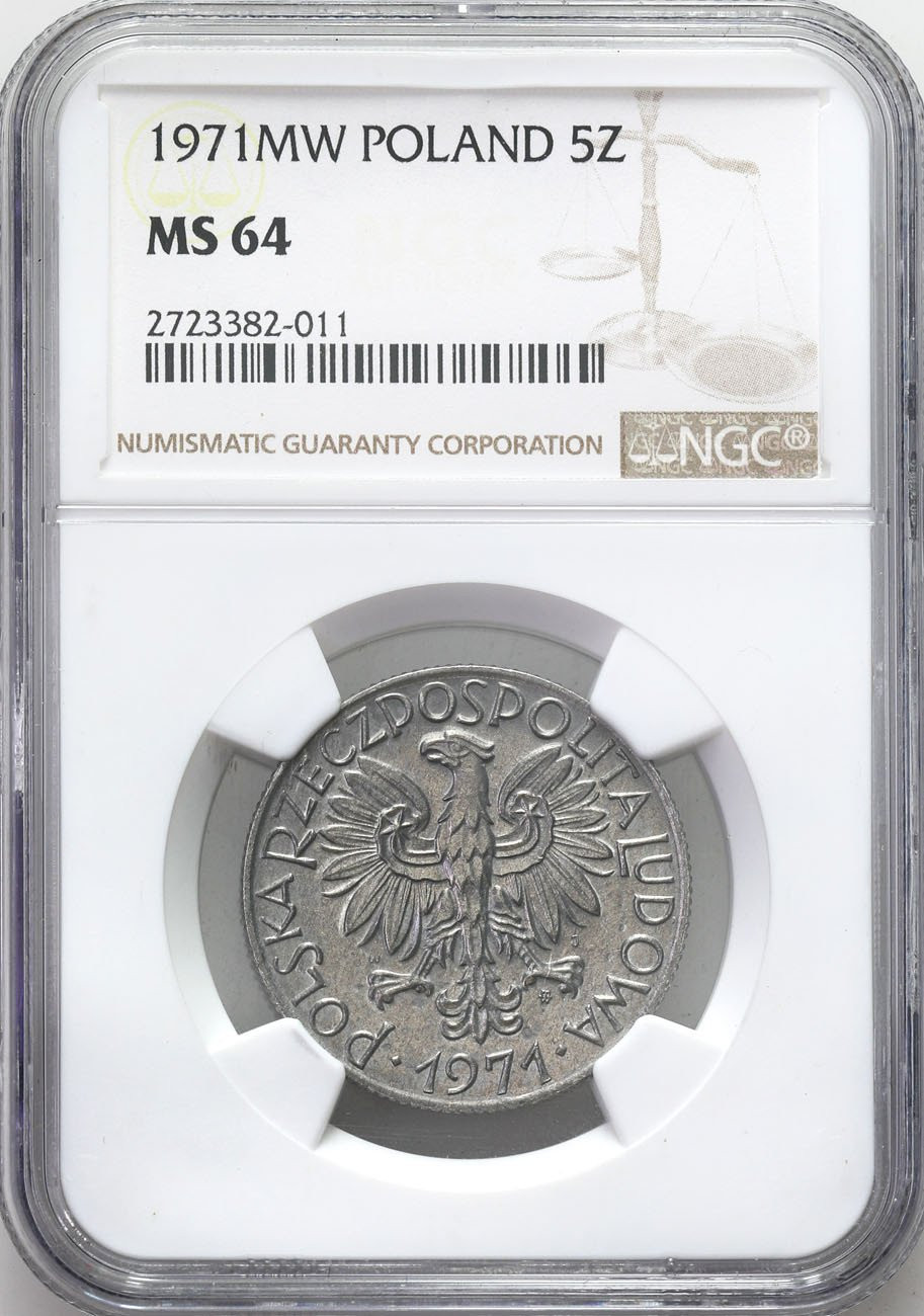 PRL. 5 złotych 1971 Rybak NGC MS64