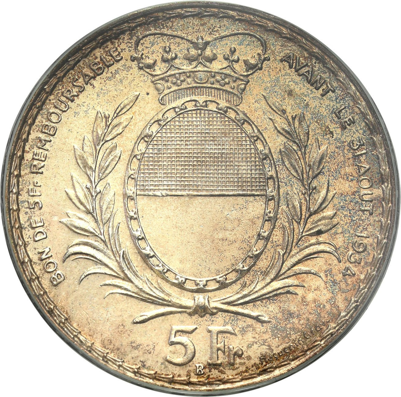 Szwajcaria. 5 franków 1934, Freiburg PCGS MS63 - PIĘKNE